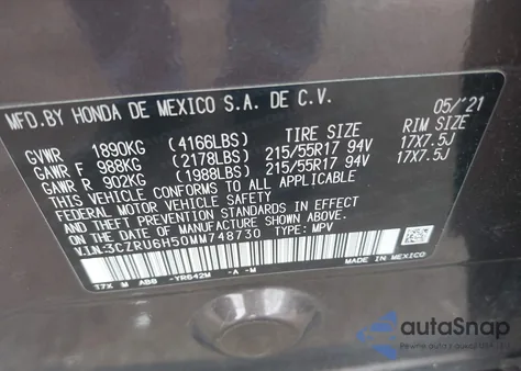 2021 Honda Hr-V Awd Ex из США, поврежденный, VIN 3CZRU6H50MM748730